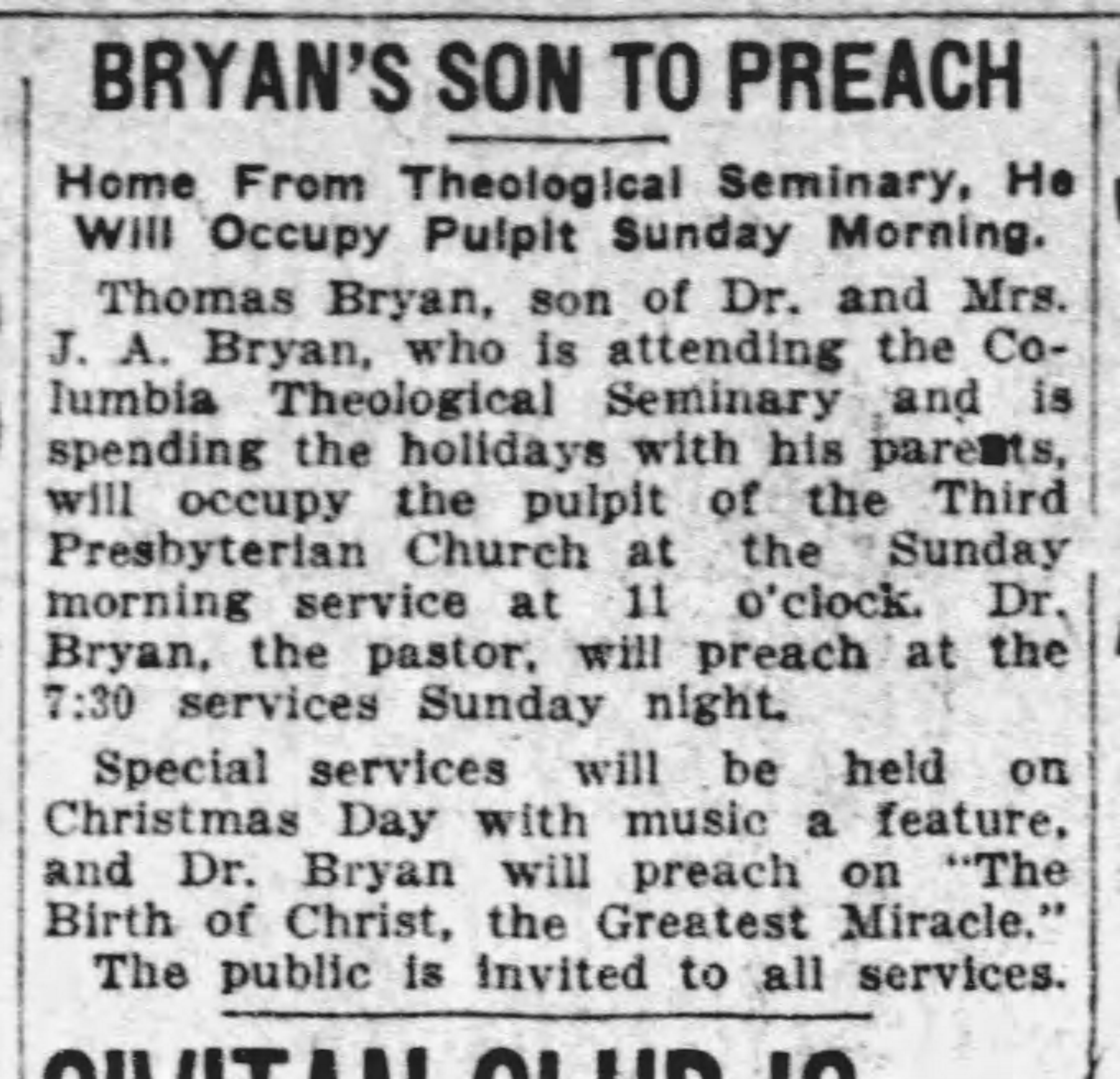 Bryan's Son To Preach